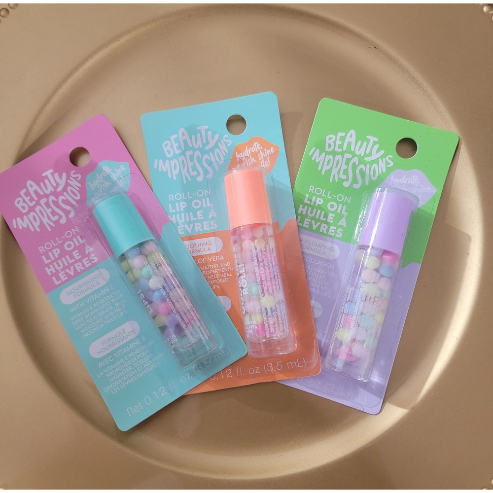 Beauty Impressions Roll-On Lip Oil‎ 3pc Set Vitamin E Aloe Collagen 0.12oz Each